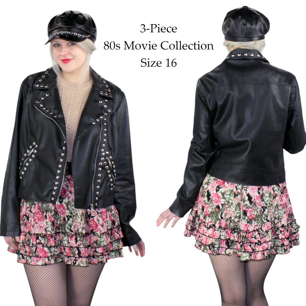 80s Madonna Movies Costume 3 Piece Faux Leather Jacket, Cap & Skirt - Size 16